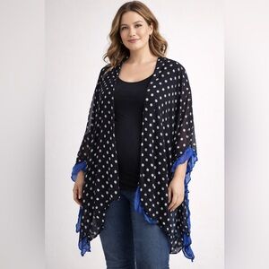 Lane Bryant Black Polka Dot Boho Sheer Kimono Cardigan w/ Blue Trim One Size
